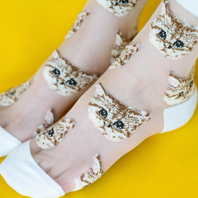 Femmes Transparent mignon chat chaussettes Kawaii dames japonaise coréenne à la été mince cristal soie chaussette en Fiber de verre bas