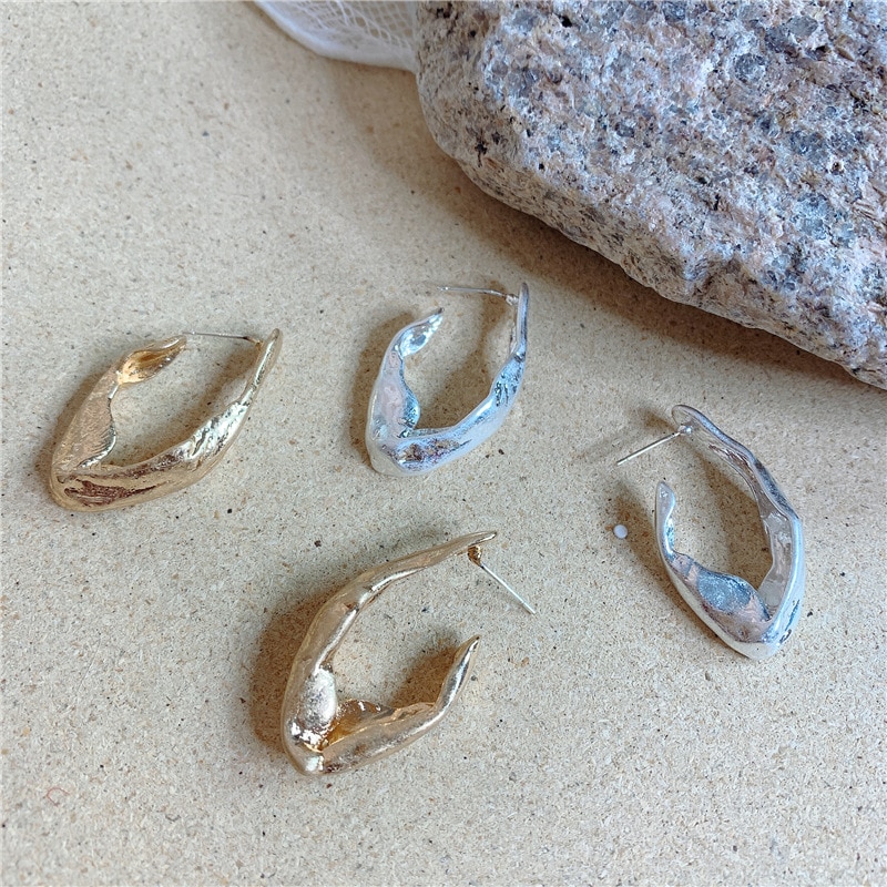 SRCOI Goud Zilver Kleur Metalen Ovale Vorm Open Hoop Oorbel Mode Eenvoudige Onregelmatige Legering Hoepel Earring Partij Sieraden