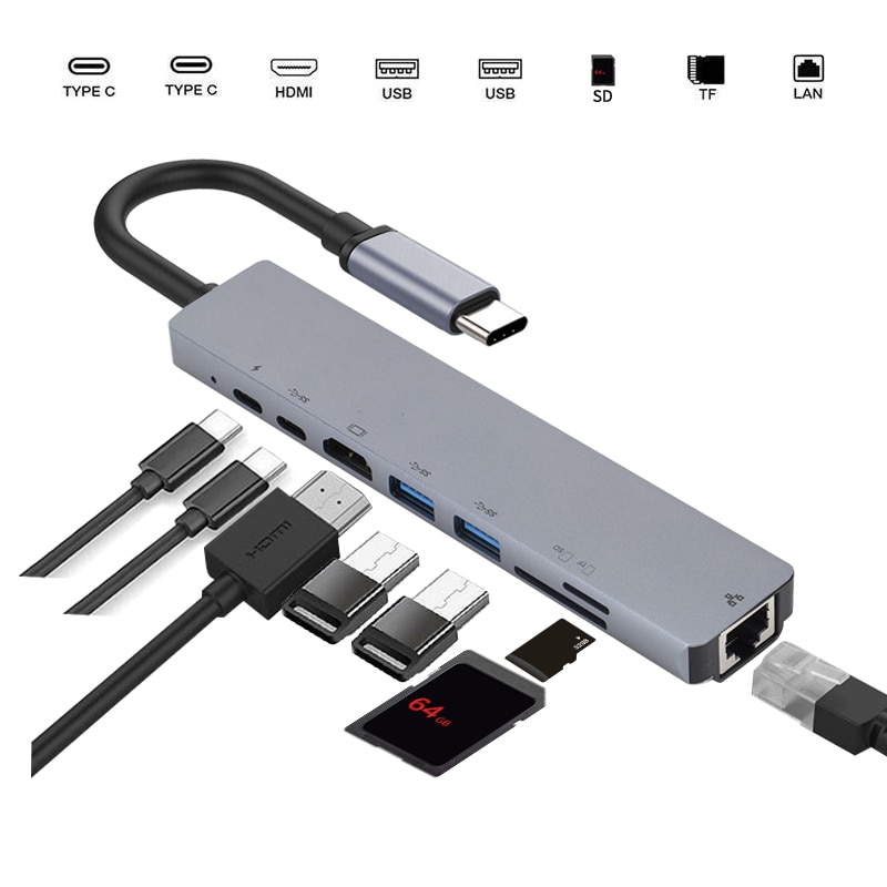 8 In 1 Aluminium USB-C Hub Type-C Naar Hdmi + Usb 3.0 + Pd Oplaadkabel RJ45 ethernet Micro Sdtf Otg Adapter 3 In 1, 5 In 1
