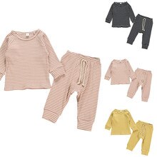 Katoen kinderen Pyjama Sets Warm Houden Baby Meisjes Jongens Kleding Gestreepte Kids Nachtkleding Lange Mouw Tops + broek 2 Stuks