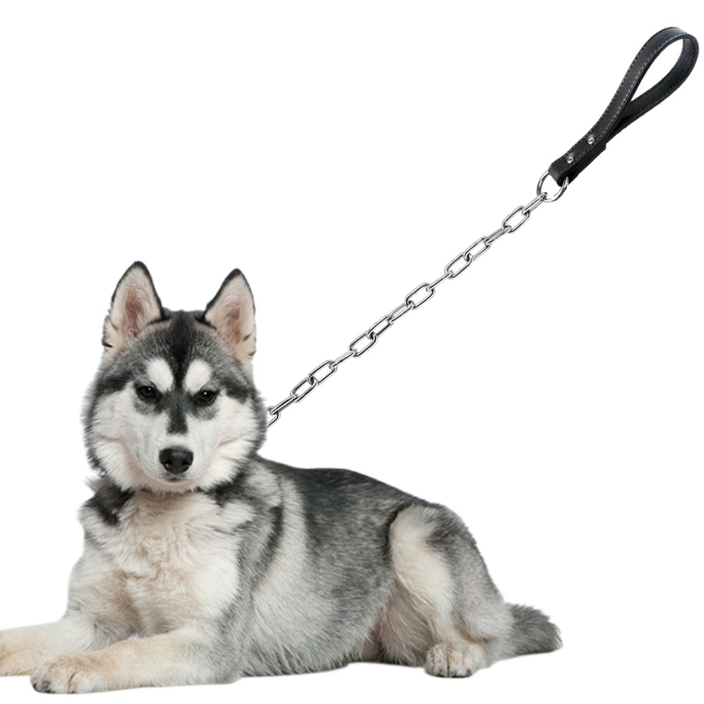 Træning hundesnor i sølv krom kæde fører kort hundetrafiksnor med læderhåndtag til mellemstore hunde pitbull