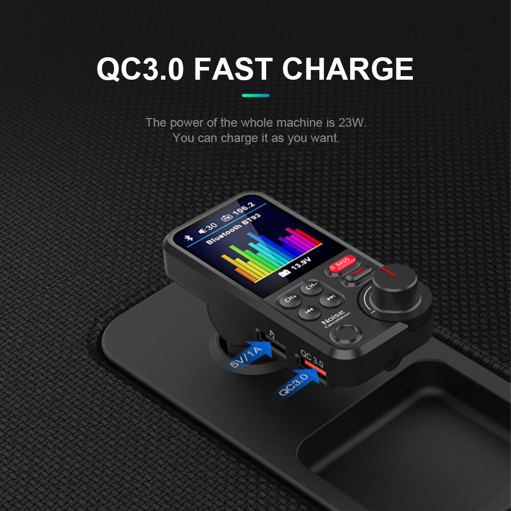 1.8&quot;Wireless Car Bluetooth FM Transmitter Aux Supports QC3.0 Charging Treble and Bass Sound Music Player