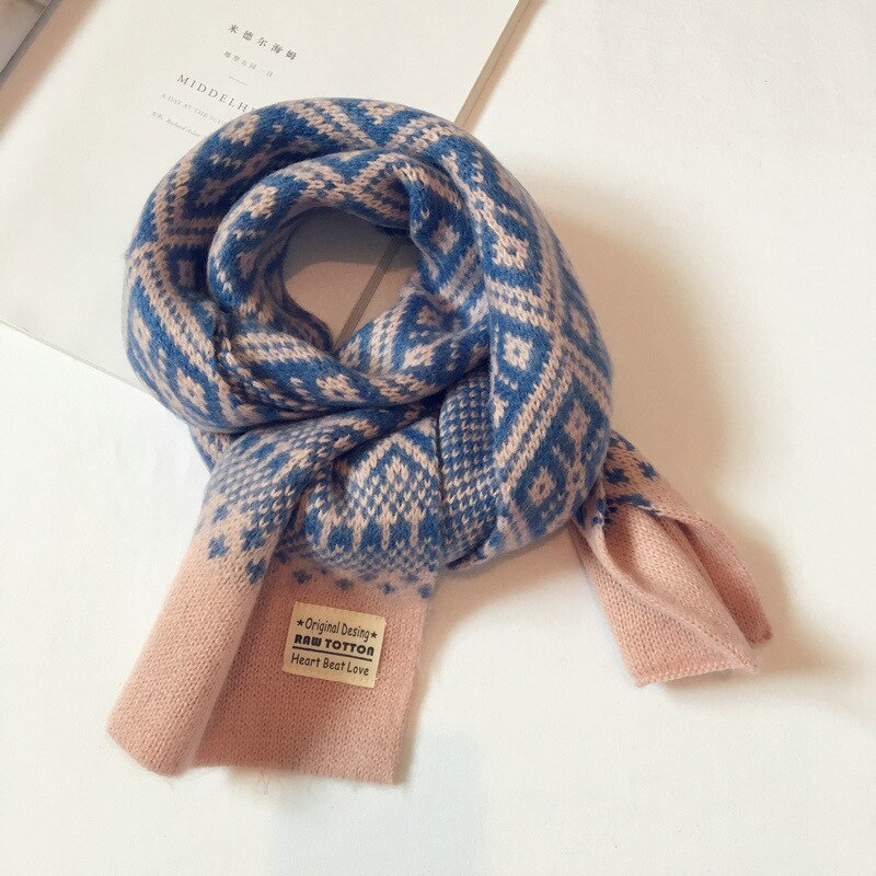 Höst vinter barn scarfs för flickor pojkar retro geometriskt mönster ull stickad baby scarf varm sjal barn halsdukar: Rosa blå / Polyester