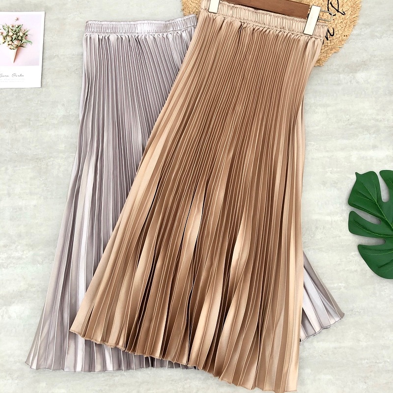 Forår kvinder midi nederdele metallic farve skinnende plisseret nederdel ensfarvet sølv guld lang nederdel satin femme jupe kontor dame