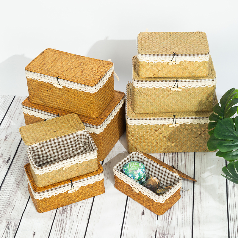 Woven Seagrass Storage Basket with Lid Rattan Wicker Box Rectangular Basket for Desktop Sundaries Sorting Jewelry Organizer