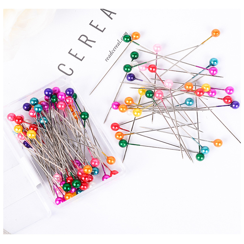 100Pcs/Box 40mm Colorful Round Pearl Head Needles Stitch Straight Push Sewing Pins For Dressmaking DIY Sewing Tools Positioning