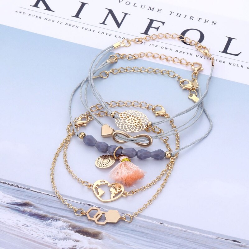 Neue Schmuck 8 Wort Herz Handgemachte Seil Perle Kette Gold Armbinde Neue Persönlichkeit Quaddel Karte Hexagon Geometrie 5 Teile/satz Armbänder