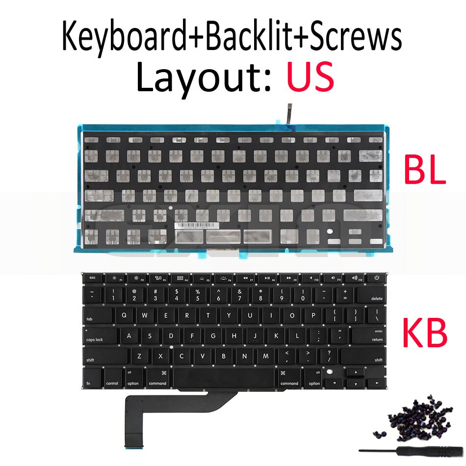 Laptop  a1398 us engelsk tastatur for macbook pro retina 15 "  a1398 usa usa tastatur med bakgrunnsbelysning bakgrunnsbelyst+skruer år: Hvit