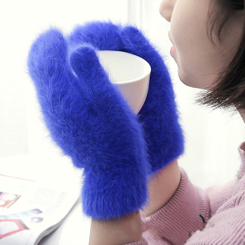 Frauen Mädchen Kaninchen Haar Handschuh Winter Dicken Flauschigen Weiche Fäustlinge Weihnachten Einfarbig Freien Nette Warme Handschuhe