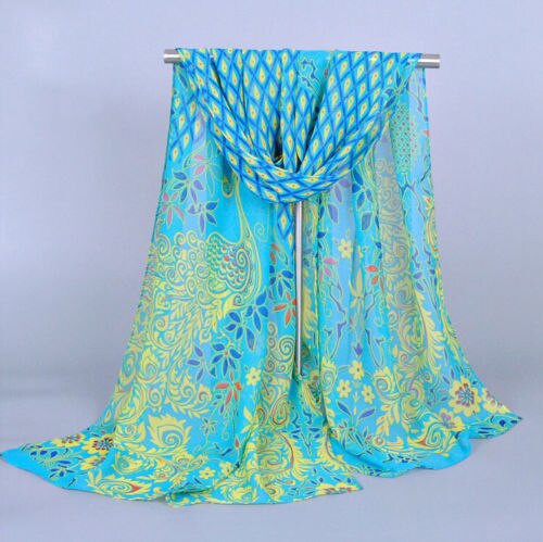 Kvinder damer chiffon påfugl tørklæde fjer blød wrap lang sjal farverige tryk tørklæde 160*50 cm: Blå