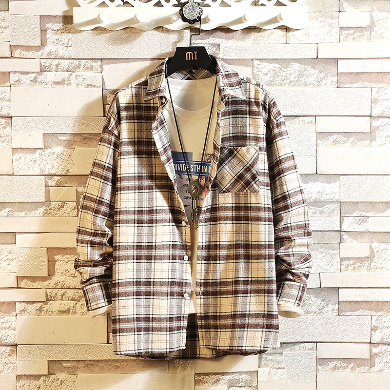 Brand Spring Autumn Long Sleeves Flannel Collar Korea STYLE Shirt For Men's Plaid Harajuku Clothing: TX08 1 / M FOR 160 CM 60KG