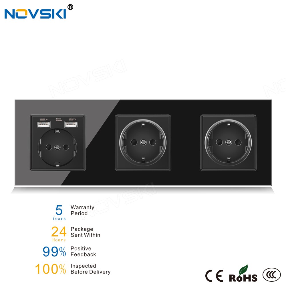 NOVSKI 16A EU Standard Wall Socket Triple Frame Crystal Glass Black Panel 86*258 mm, Hidden LED for USB Charger: Glass Panel 2 USB