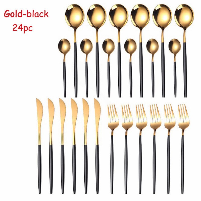 Vaisselle inox ensemble de couverts 24 pièces or Rose ensemble de couverts fourchette cuillère couteau doré ensemble de vaisselle coffret directe: black gold