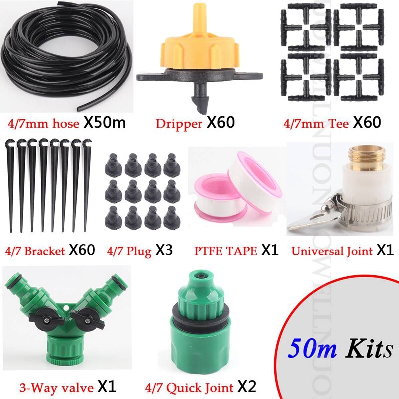10 ~ 50m 1/4 tommers pe slange hagevanningssett grønnsakshage frukthage plante mikro drypp vanningssystem sett drypper: 50m oransje sett