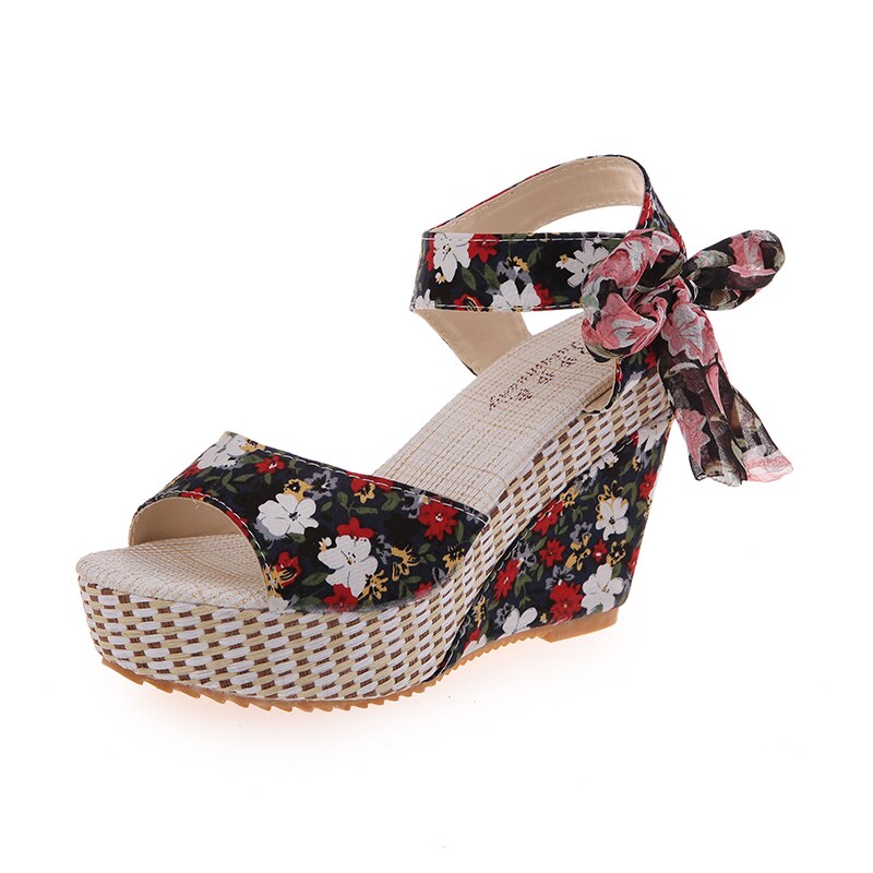nouvelle plage d'été Boho sandales à talons compensés à fleurs femmes bride à la cheville plate-forme gladiateur chaussures femme talons hauts Sandalias Mujer: Black / 36