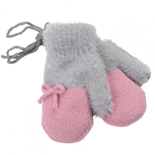 1 Paar Winter Kinderen Warme Handschoenen Gebreide Thicken Color Patched Boog Wanten: Grey