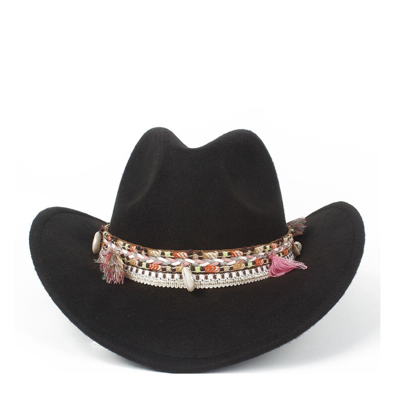 Kvinder uld hule vestlige cowboy hat dame jazz outback jazz toca sombrero cap størrelse 56-58cm: Sort