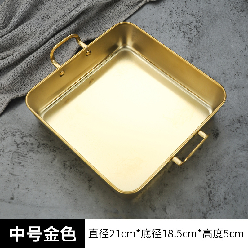 Two Ear Stainless Steel Square Food Trays Fruit Snacks Plates DIY Baking Tools Flat Fry Pan Trays for Kitchen: Yellow