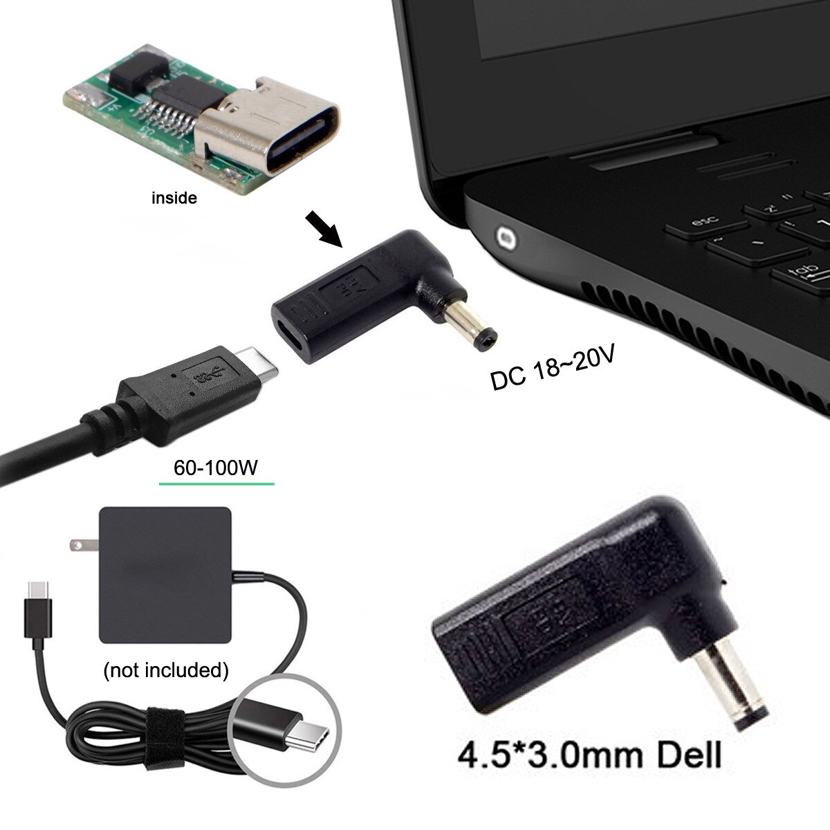 Laptop-ladegerät-adapter-konverter, weibliche dc-strombuchse, usb 3.1 typ c, usb -c 20 v 20 3.25a 4.5a 5.5mm quadratisch 7.4mm 4.0mm