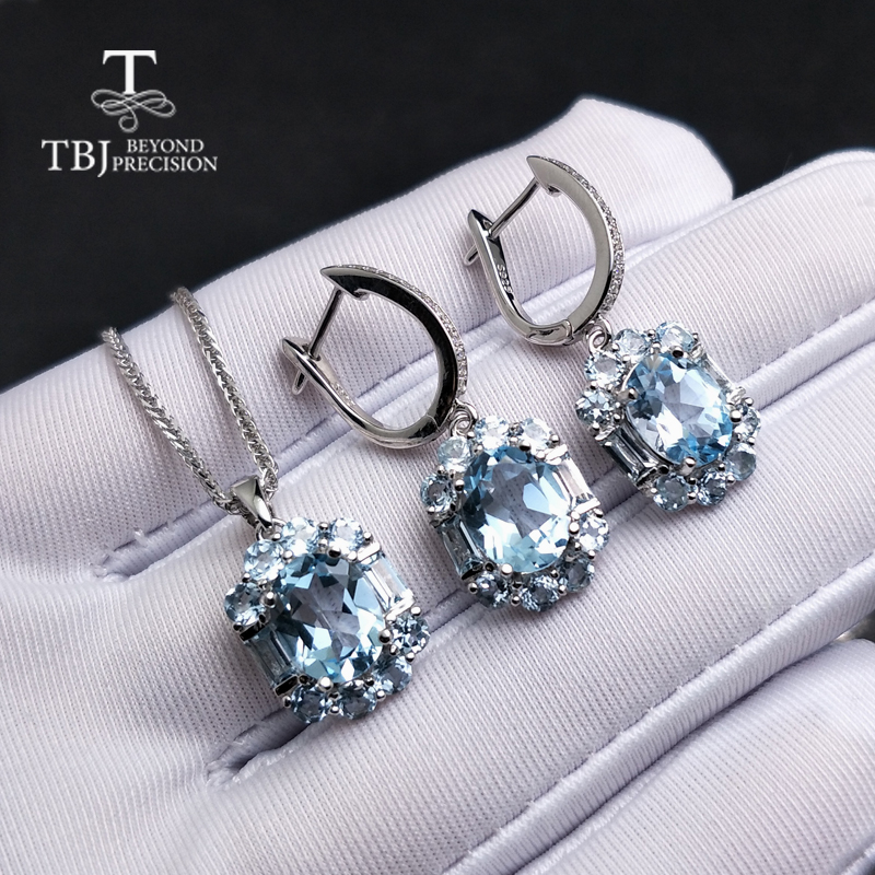 TBJ, naturel bleu ciel topaze pierres précieuses ensemble de bijoux en argent sterling 925 spécial pendentif boucle d'oreille pour les femmes dame comme