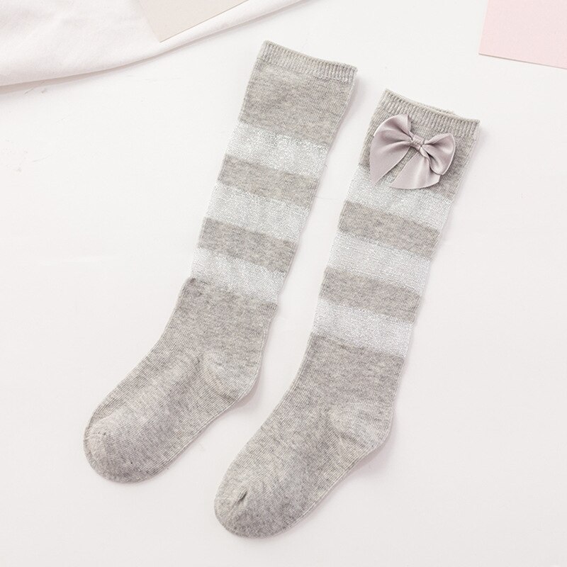 Calcetines largos de algodón con lazo para niñas, hasta la rodilla, a rayas, Seda brillante, 1 par, de 1 a 5 años: Gris / 3 to 5 Years