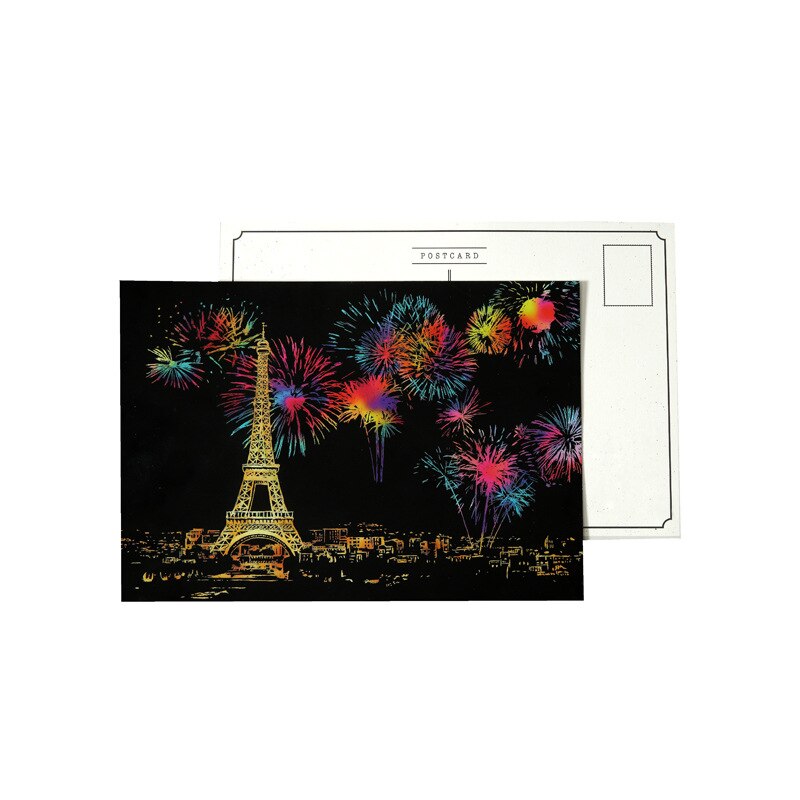 Postkaart Stad Nacht Scène Krassen Tekening Papier Kleine Kleurrijke Kras Schilderen Set Creatieve