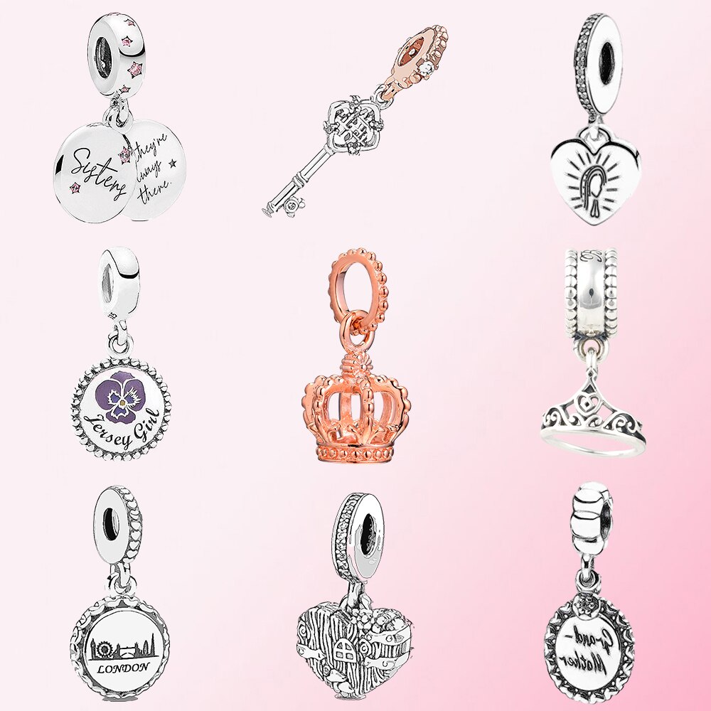 100% 925 Silver 1:1 Sisters Hanging Key Openwork Love Hearts Skyline crown Belle Tiara Sweet Heart Grandmother Charm Pendant