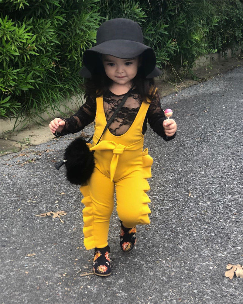 Cute Fold Overall Romper Baby Girls Clothes Jumpsuit Bow-knot Print Ruffle Decor 0-5Y Age Ifant Toddler Newborn Outfits Set
