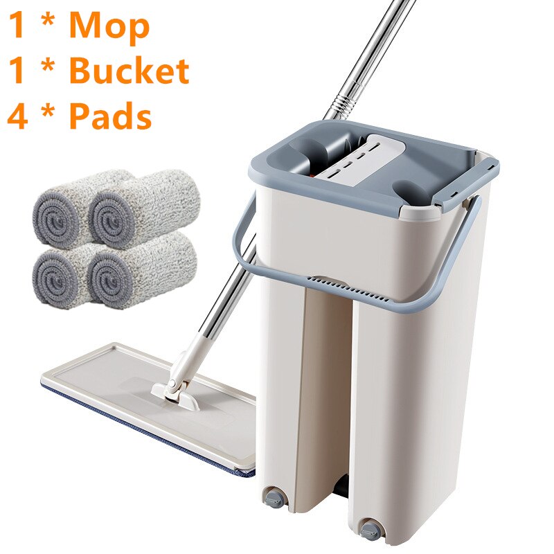 Serpillière et seau plats sans mains, magiques, panosse de nettoyage de sol, utilisation humide ou sèche, essorage automatique, chiffon paresseux: 1Mop 4pads set