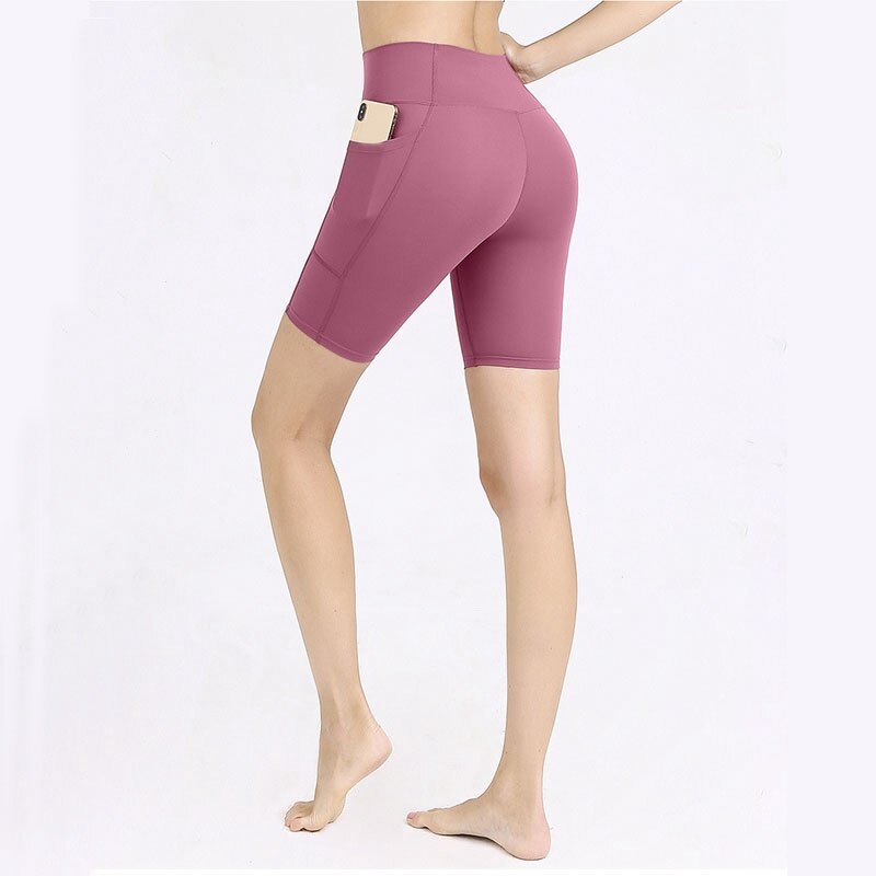 Sommar dam yogashorts dubbla sidfickor sportstrumpbyxor sömlösa fitnessshorts rosa l kod