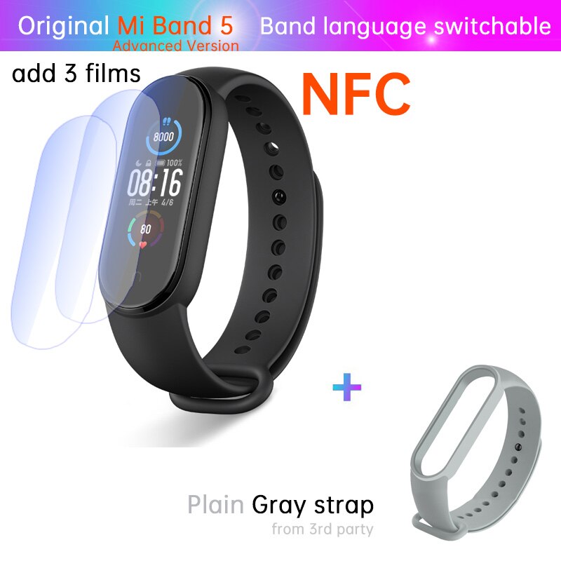 Xiaomi-Pulsera deportiva inteligente Mi Band 5 para mujer, monitor de salud, estándar o NFC, control de estrés, ritmo cardíaco, del sueño, contador de pasos, para deporte fitness y natación, incluye alarma: NFC n film gray