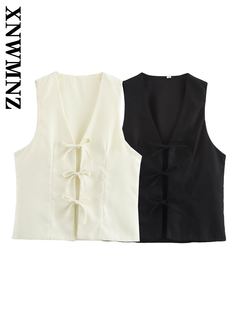 Xnwmnz forårs- og dame-sofistikeret vest klassisk efterårs- og dame-ærmeløs top med flæser, normal pasform, v-kravevest