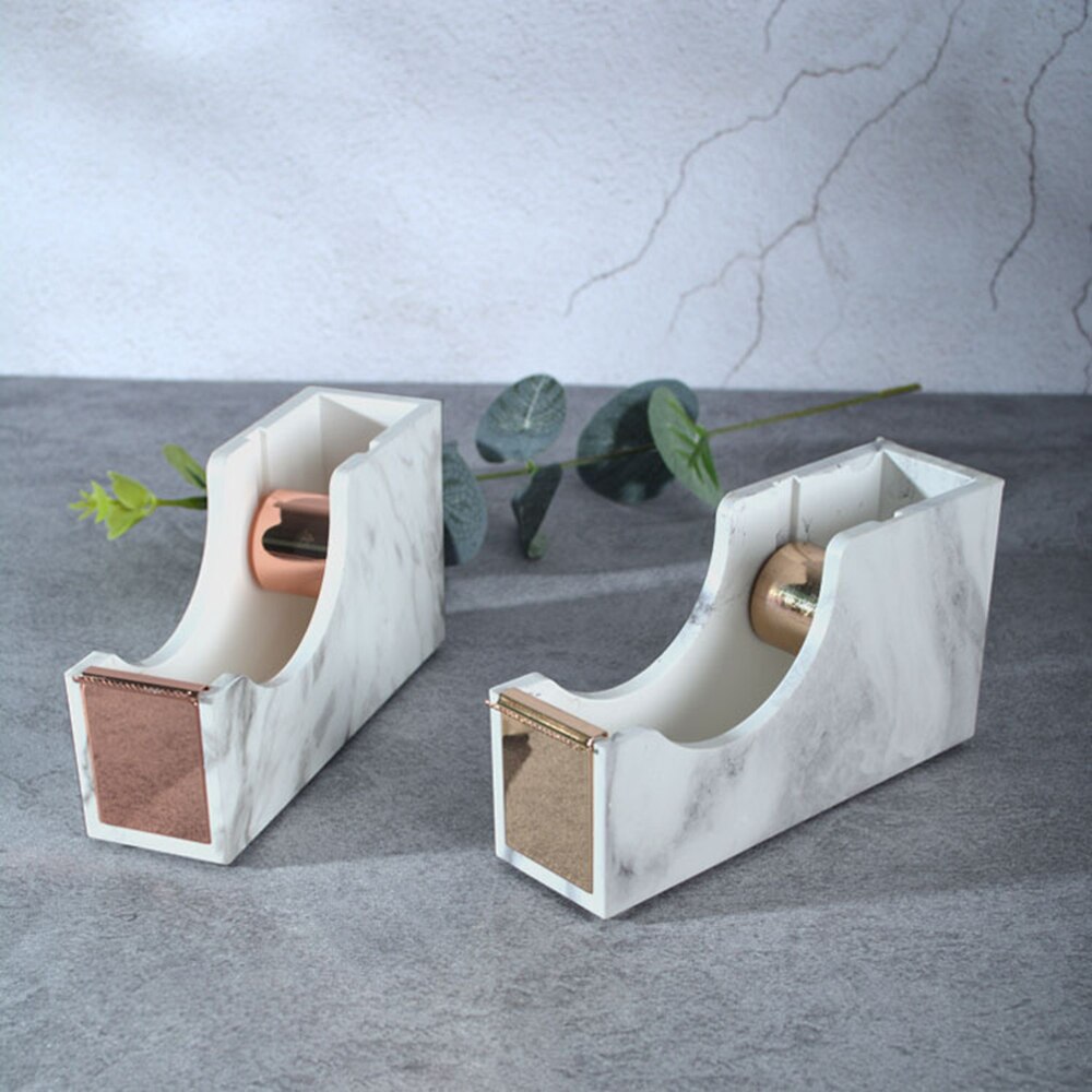 White Marble Texture Desktop Adhesive Tape Dispenser Gold Tone 1" Metal Core Tape Holder for Office School Supplies