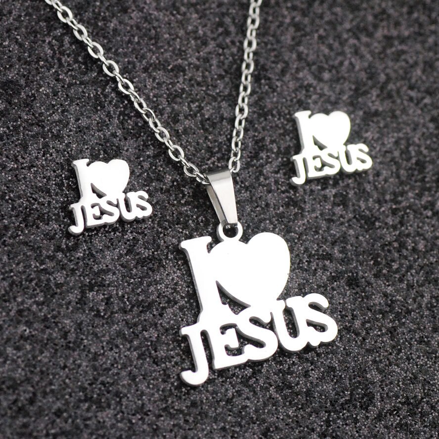 Rustfrit stål jesus kors mænd charme hjerte brev vedhæng halskæde smykkesæt kæde kristen symbol smykker: Kk594- sølv