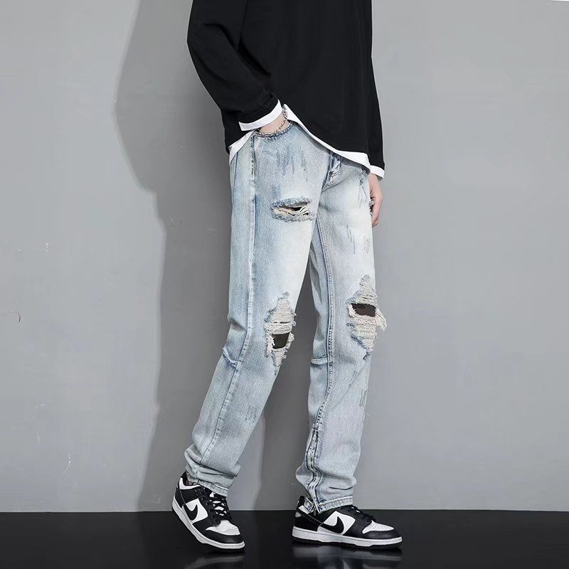 Pantalones vaqueros holgados rasgados para hombre, Jeans rectos informales a la , ropa de calle, pantalones vaqueros holgados de Hip Hop con agujeros