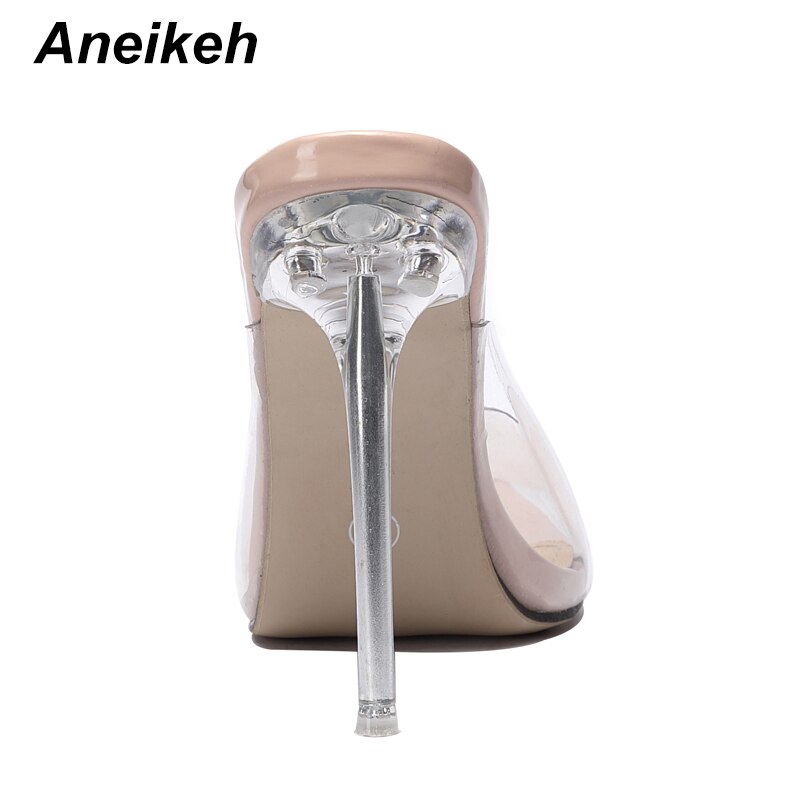 Aneikeh kortfattad pvc kvinna genomskinliga sandaler tunna höga klackar skor spetsig tå slingback pumpar slip på solid