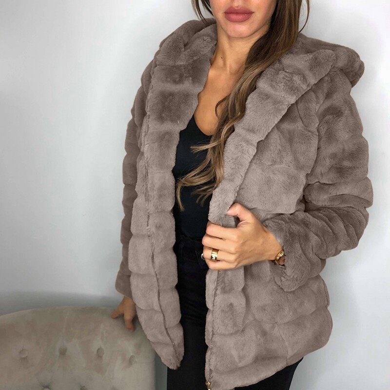 Herfst- en winterjassen van imitatiebont voor dames, warme jassen met lange mouwen en capuchon, damesjassen van fluweel, damesjassen: Grijs / Xl