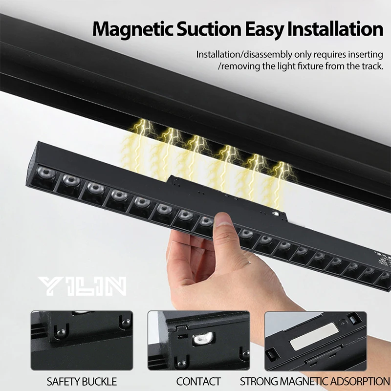 Lampada da binario magnetica a LED incorporata 48V COB Faretto lineare Lampada da soffitto per binario Soggiorno senza luci principali Lampade a griglia di illuminazione