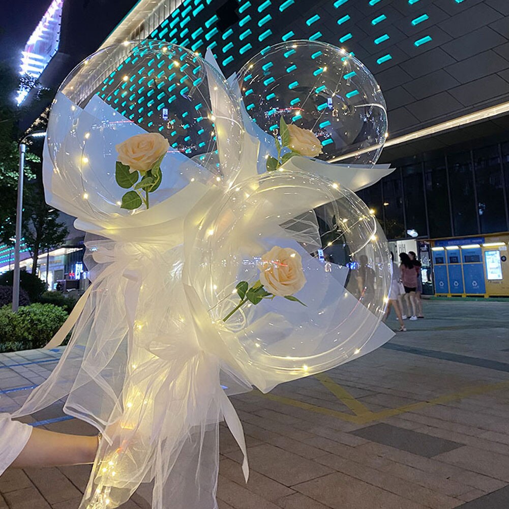 Poignée Ballon Led Avec Des Bâtons Lumineux Transparent Rose Bouquet Avec Batterie Paquet Pour Anniversaire De Mariage Saint-Valentin: D