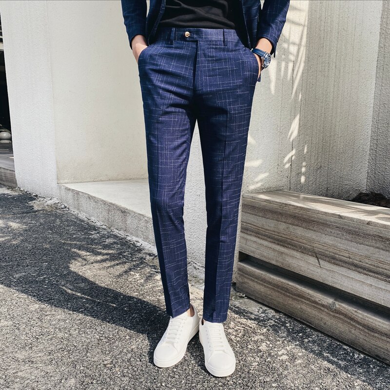 Klassisk ternede plaid jakkesæt bukser mænd business casual kjole bukser mærke koreansk slim fit street wear socialt tøj