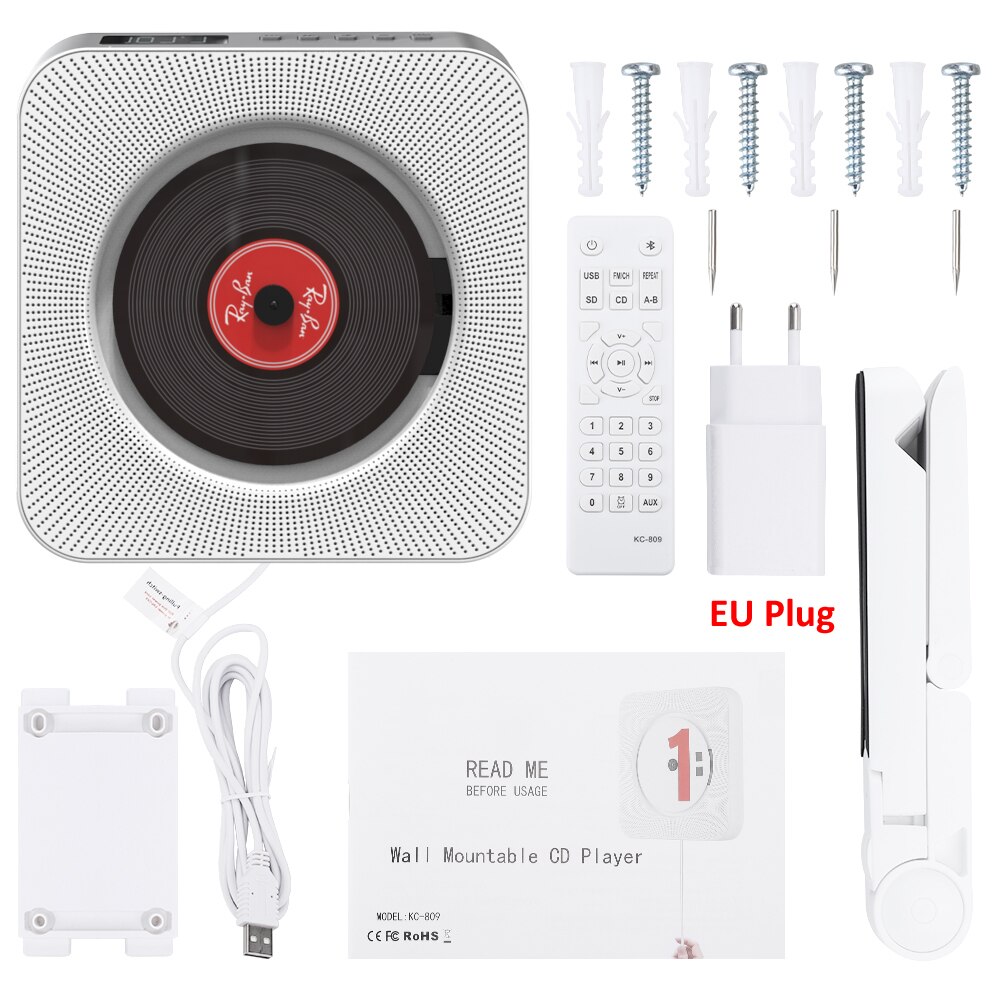 ELECTOP Wall Mounted CD Player Surround Sound FM Radio Bluetooth USB MP3 Disk Music Player Remote Control Stereo Speaker Home: White with EU Plug