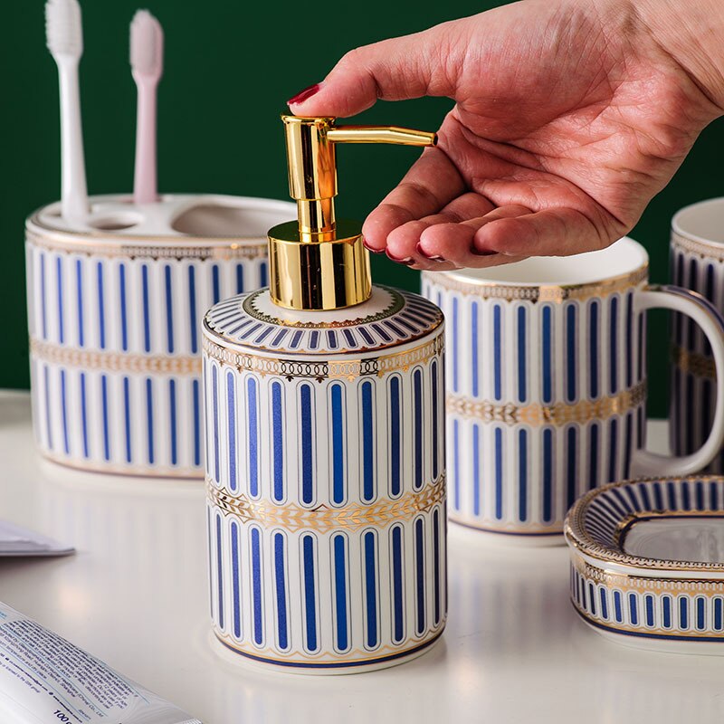 Luxury Blue Gold Ceramic Bathroom Five-piece Bathroom Supplies Soap Dispenser Brushing Mouth Cup Soap Dish Tray Toiletry Set