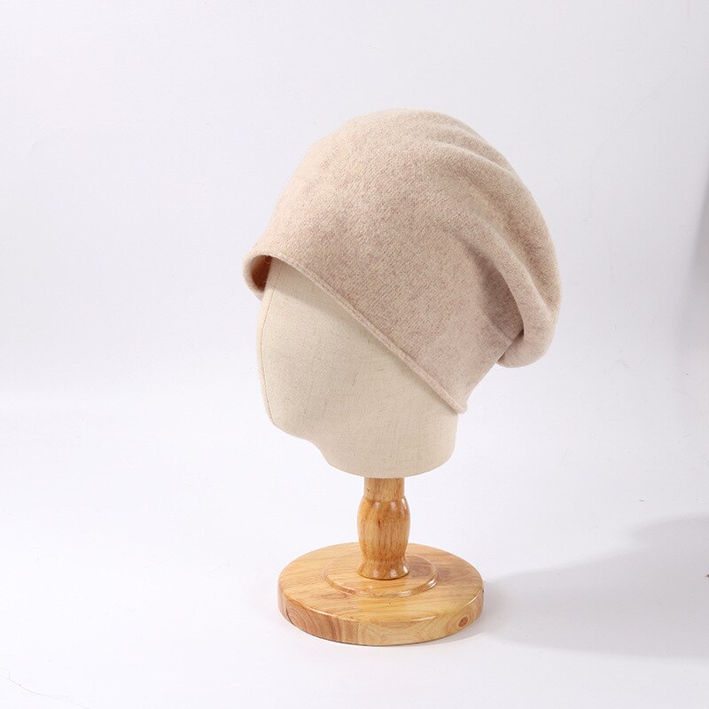 Nowy 100% kaszmir czapka czapka bez daszka kobiety jesienno-zimowa zwykły miękka ciepła wełna ochrona słuchu czapka damska japońska dzianinowa czapka z czaszkami: Beżowy