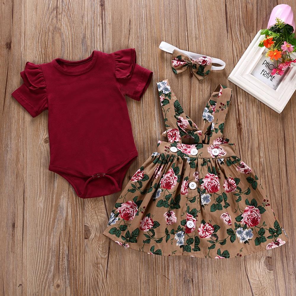 3 Stuks Peuter Baby Meisje Romper Korte Mouw Bodysuit Bloemen Jurk Set Prinses Rok Outfits Kleding Katoen Zomer: 3M