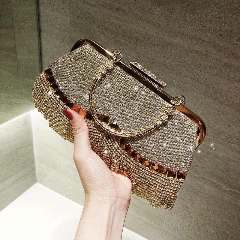 Women'S Crystal Evening Bag Retro Beaded Clutch Wedding Diamond Lock Rhinestone Chain Fringe Shoulder Bag