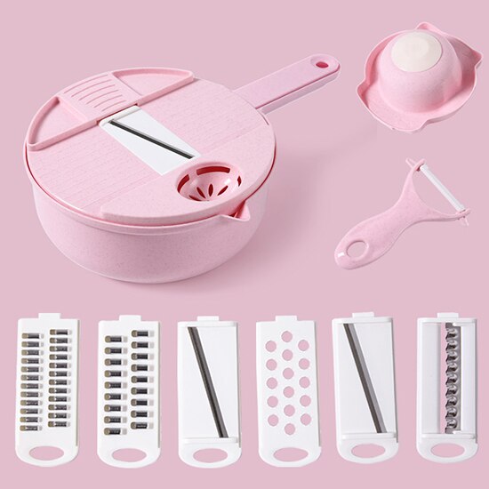 Multi-functional Vegetable Slicer Chopper Kitchen Cutter Vegetable Fruits Tools with 6 Blades Egg Divider Drainer Salad Maker: pink