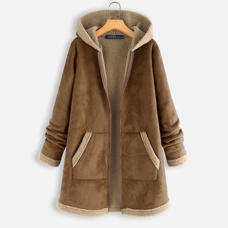 Plus Größe ZANZEA Winter Reißverschluss Vlies Jacken Frauen Jahrgang Feste Kapuze Langarm Warme Mäntel Mäntel Femme Outwear: Kaffee / 5XL