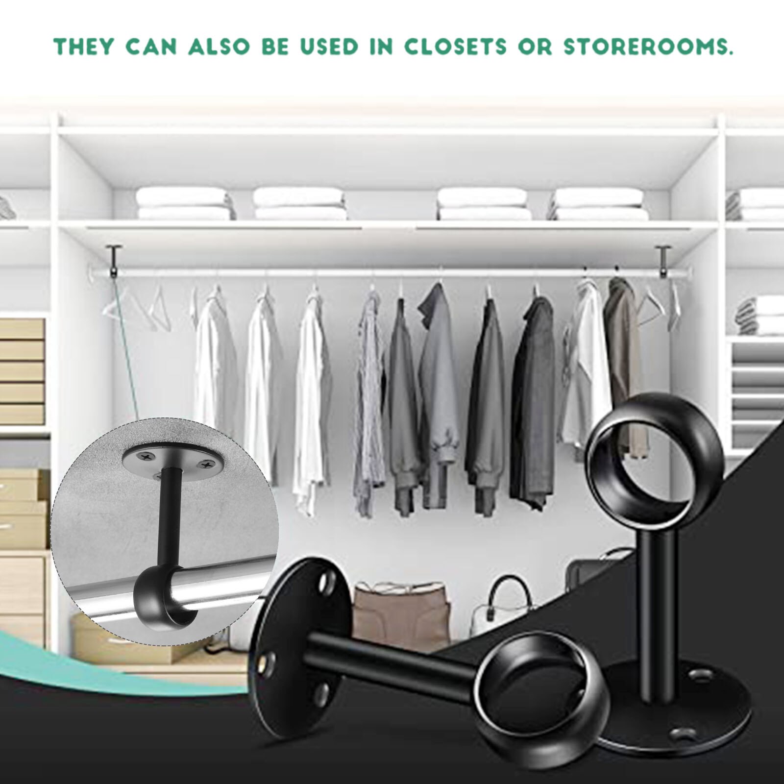 2Pcs Flange Rod Holders Curtain Rod Ceiling-Mount Bracket Stainless Steel Flange Rod Holder Closet Pole End Supports Socket