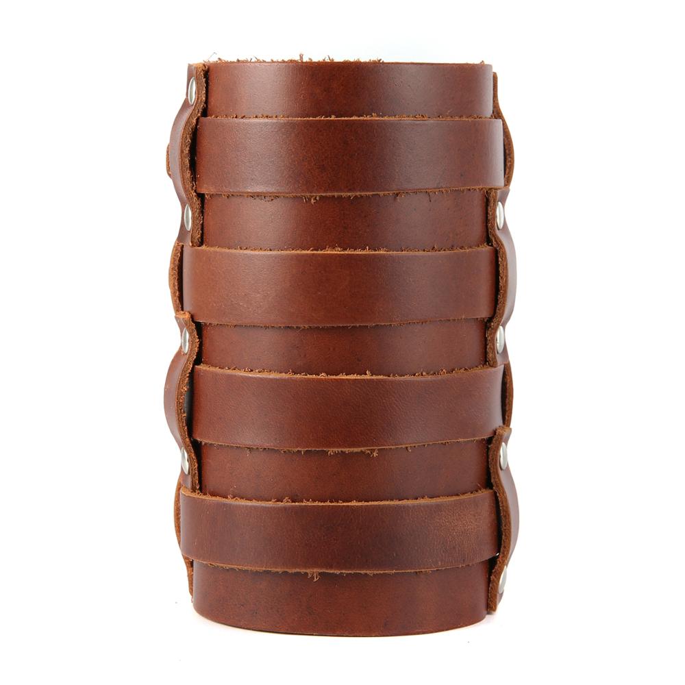 HZMAN Mens Leather Wide Triple Strap Cuff Wrap Gauntlet Wristband Buckle Fastening Arm Armor Cuff 4 Rows: Brown