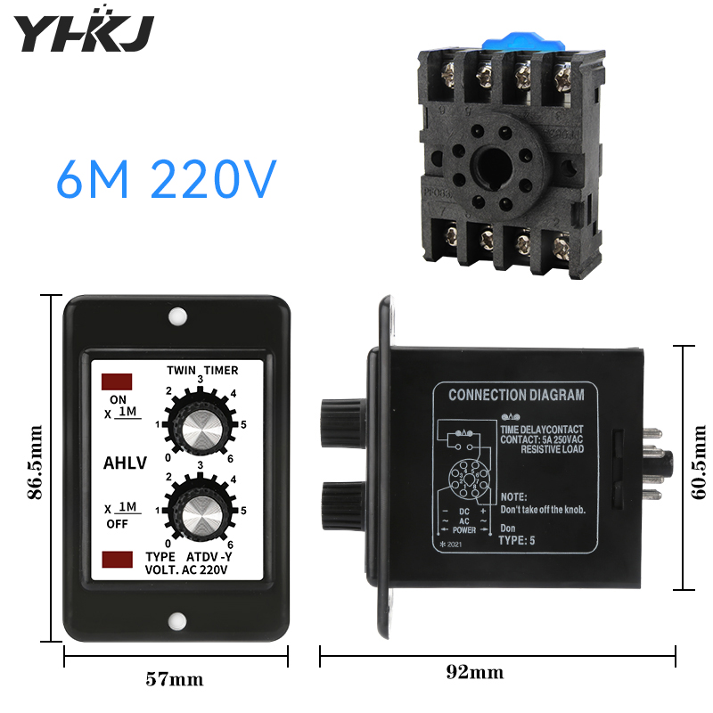 Adjustable Dual Time Relay Repeat Cycle Timer ATDV-Y ON OFF 3S/6S/12S/30S/60S/3M/6M/12M/30M/60M 220V Twin Timer With Socket Base: XL
